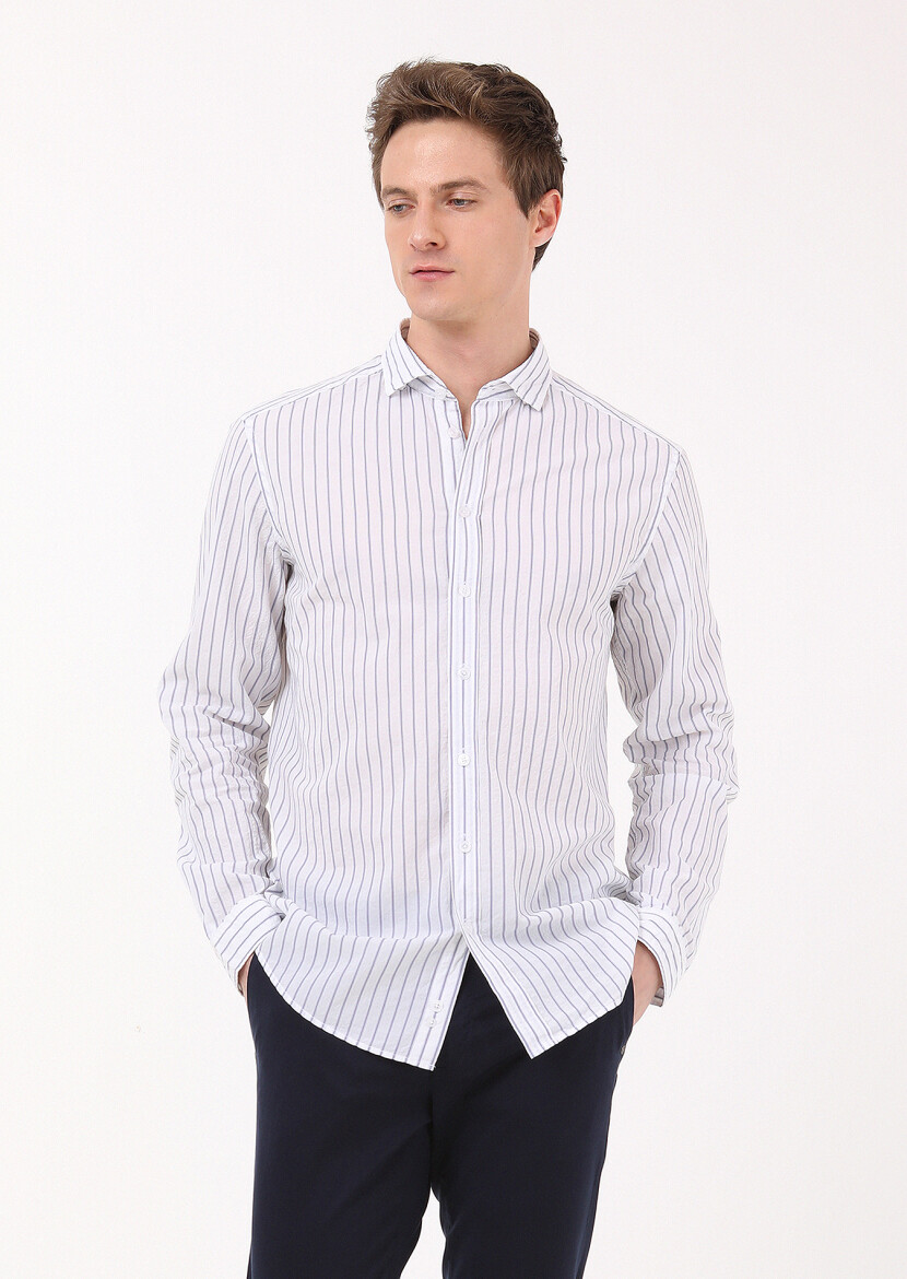 Lacivert Çizgili Regular Fit Uzun Dokuma Casual Pamuk Karışımlı Gömlek - 3