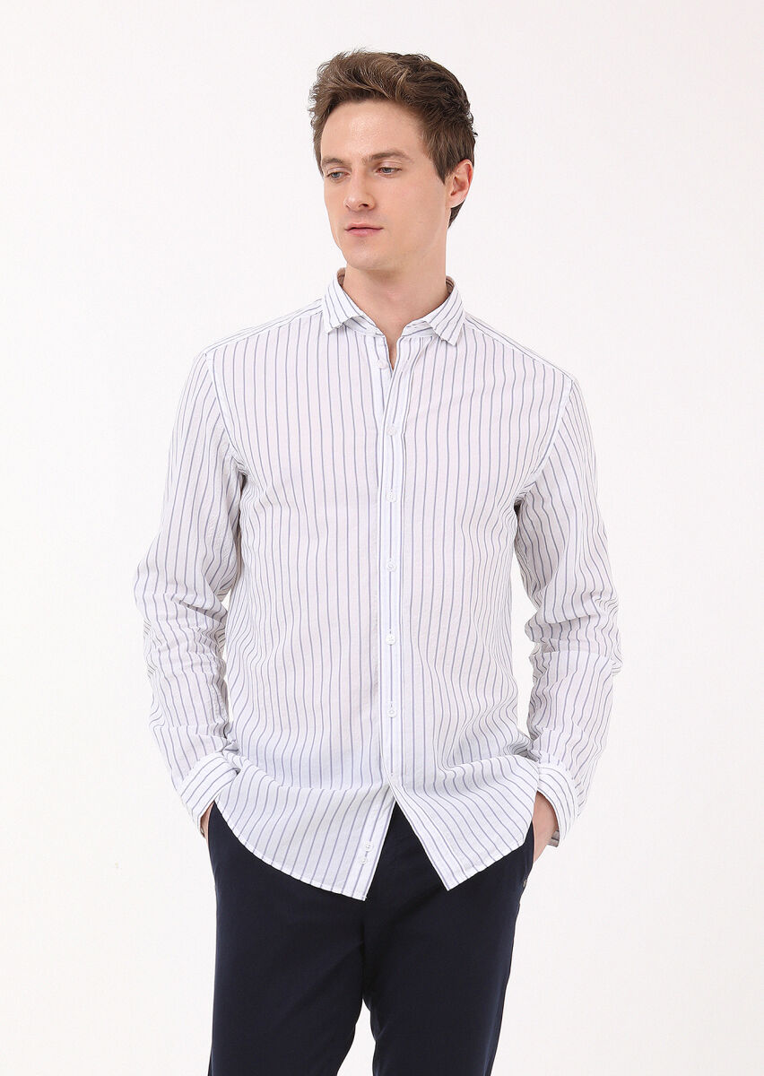 Lacivert Çizgili Regular Fit Uzun Dokuma Casual Pamuk Karışımlı Gömlek - 3