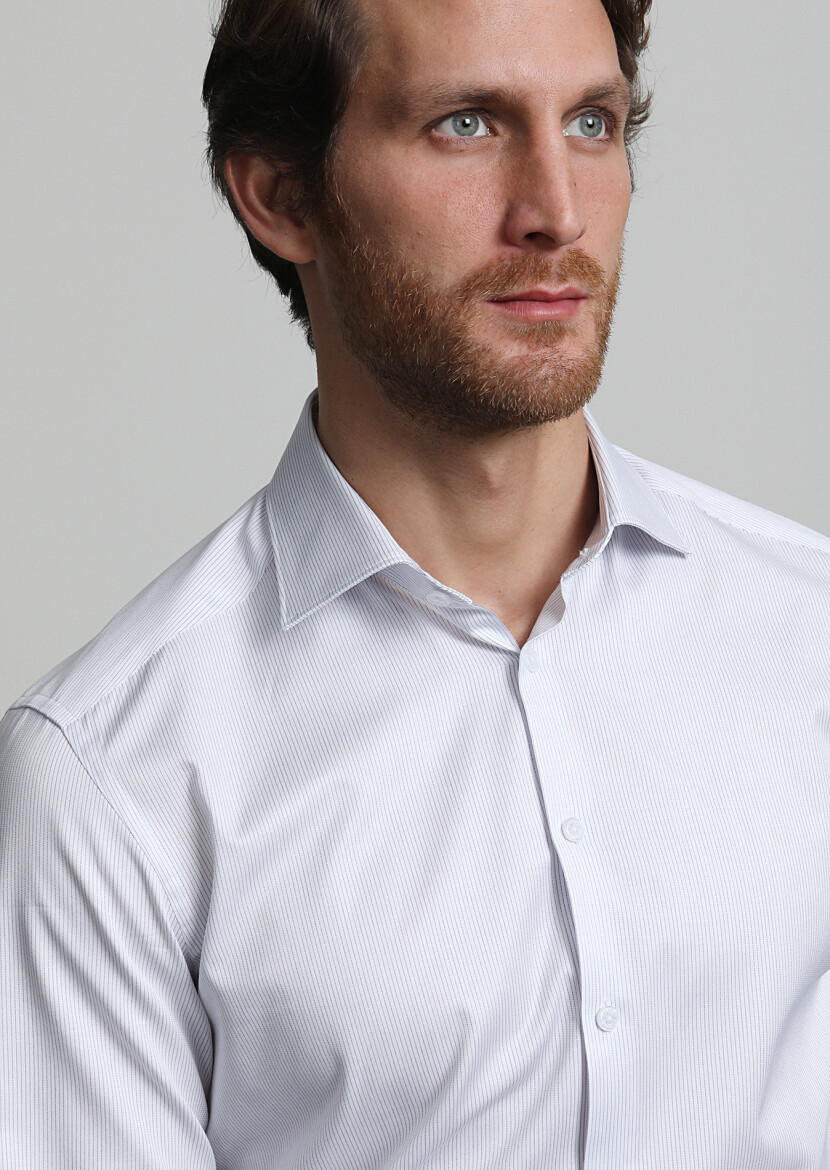 Lacivert Çizgili Regular Fit Uzun Dokuma Klasik %100 Pamuk Gömlek - 2
