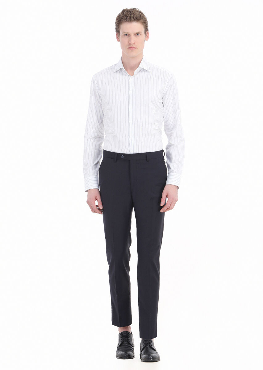 Lacivert Çizgili Regular Fit Uzun Dokuma Klasik %100 Pamuk Gömlek - 1