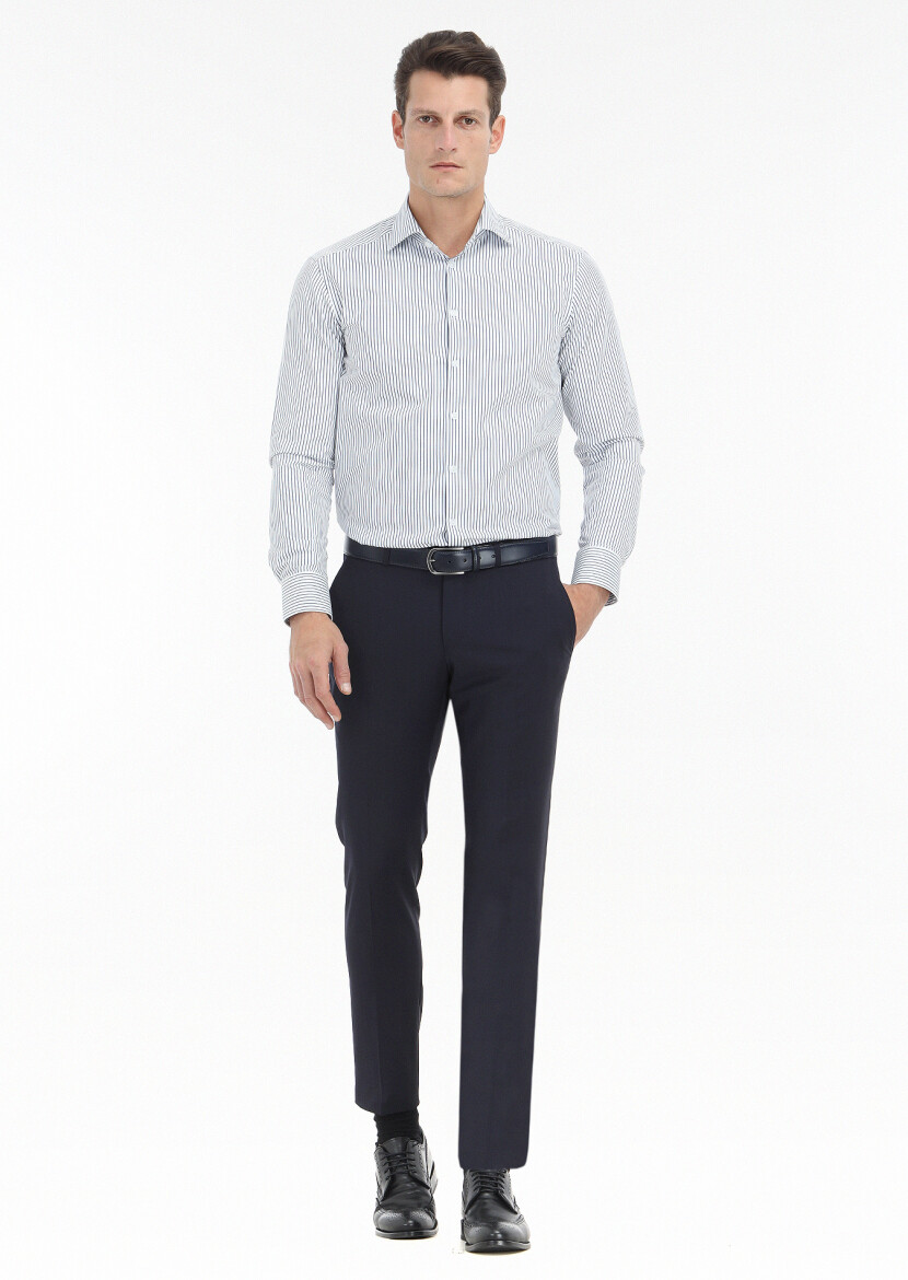 Lacivert Çizgili Regular Fit Uzun Dokuma Klasik %100 Pamuk Gömlek - 1
