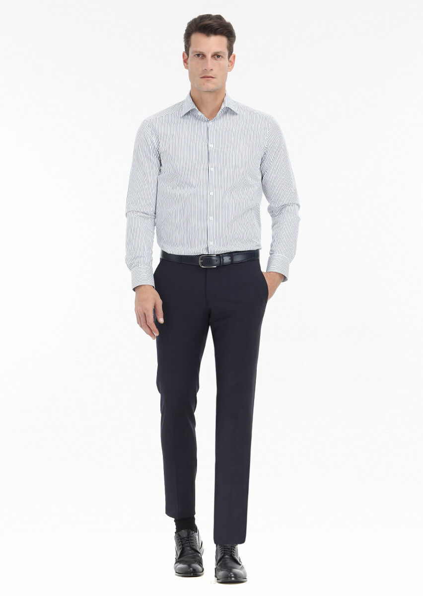 Lacivert Çizgili Regular Fit Uzun Dokuma Klasik %100 Pamuk Gömlek - 1