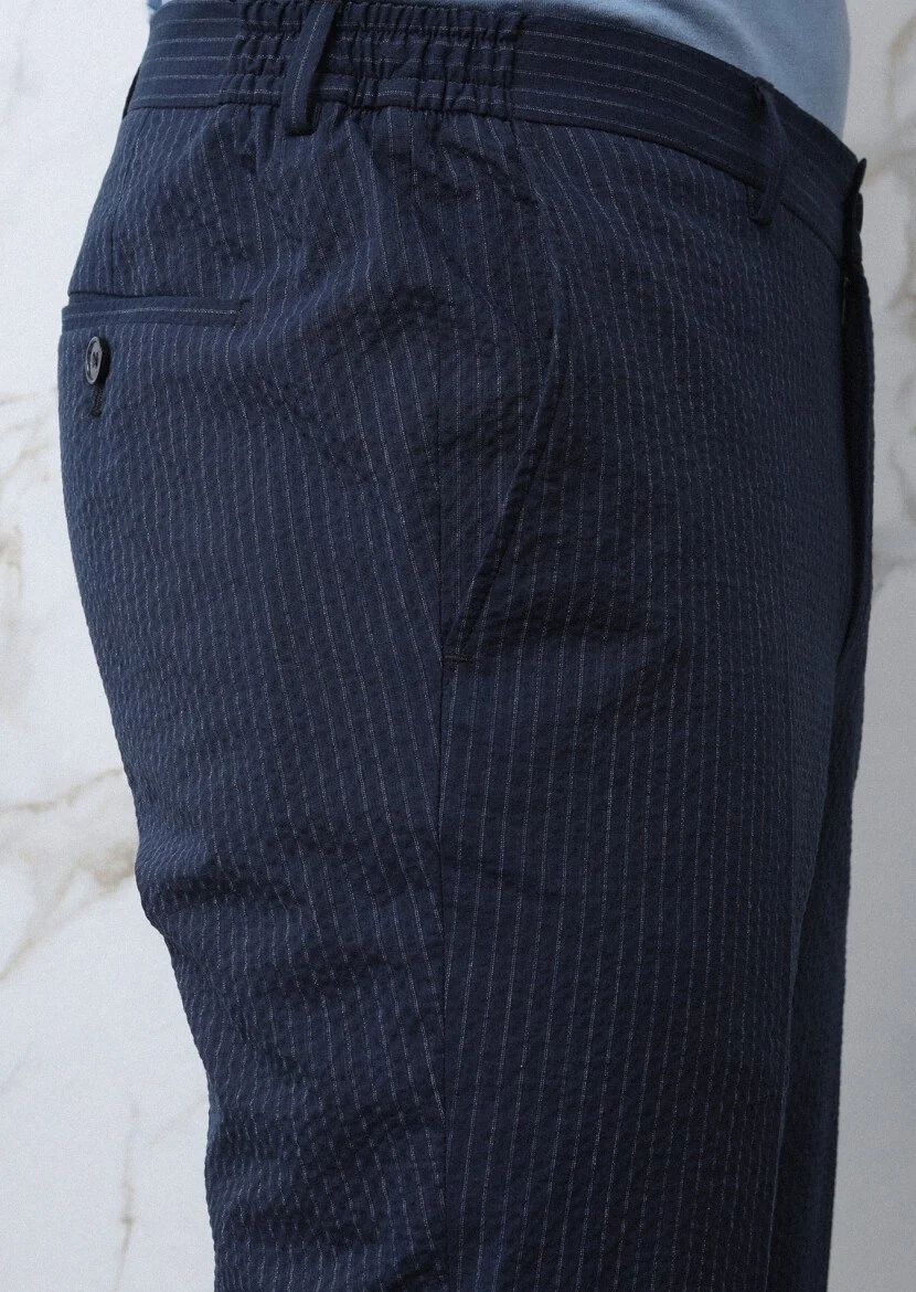 Lacivert Çizgili Shirt Shoulder Slim Fit Pamuk Karışımlı Takım Elbise - 2