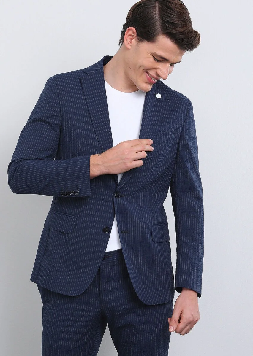 Lacivert Çizgili Shirt Shoulder Slim Fit Pamuk Karışımlı Takım Elbise - 4