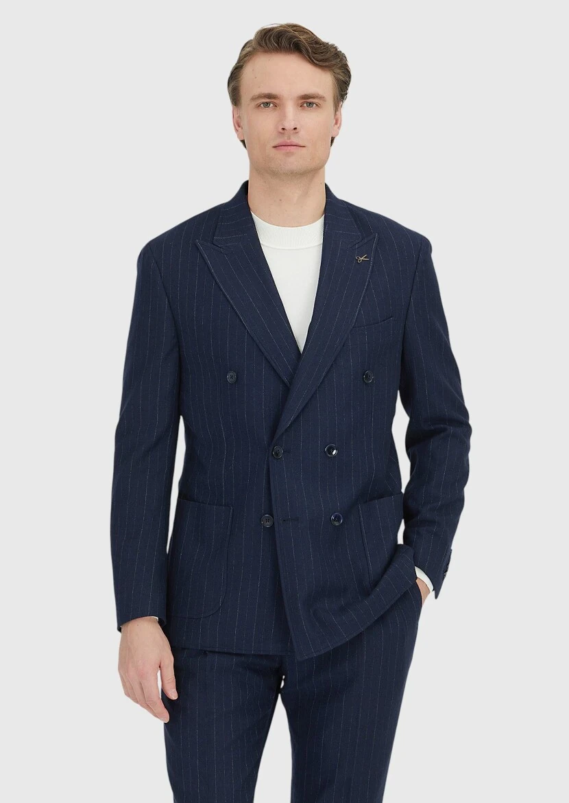 Lacivert Çizgili Shirt Shoulder Slim Fit Yün Karışımlı Ceket - RAMSEY