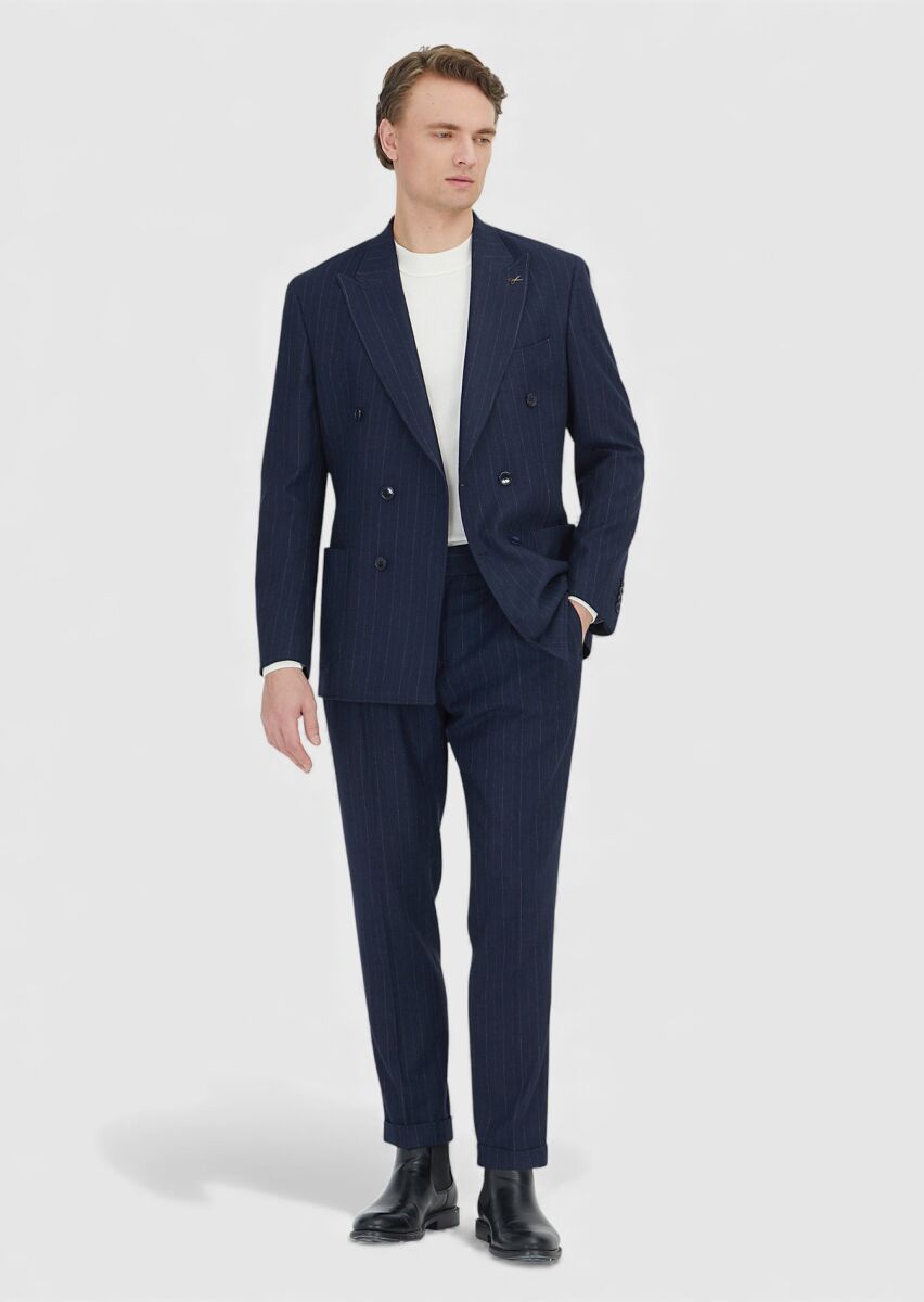 Lacivert Çizgili Shirt Shoulder Slim Fit Yün Karışımlı Ceket - 2