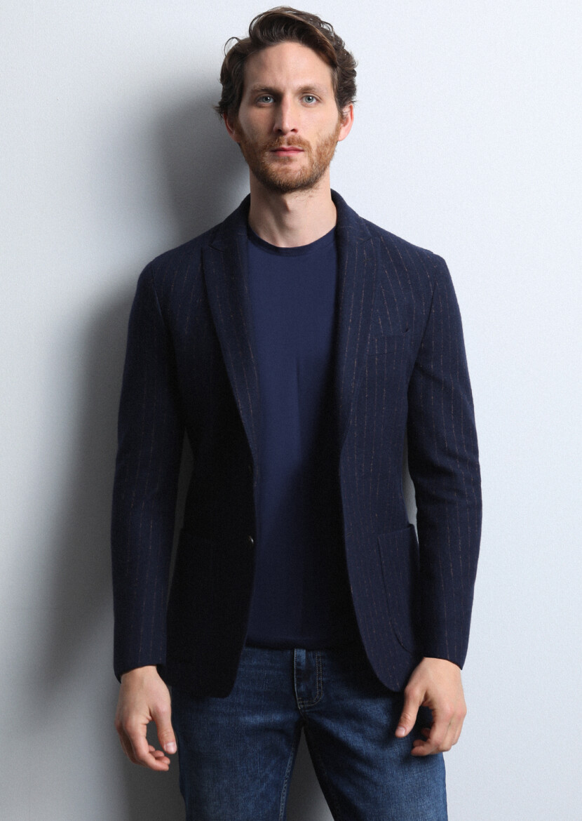 Lacivert Çizgili Shirt Shoulder Slim Fit Yün Karışımlı Örme Ceket - 3