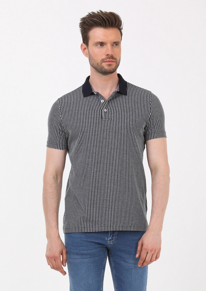 Lacivert Çizgili Slim Fit Casual %100 Pamuk Gömlek - 3