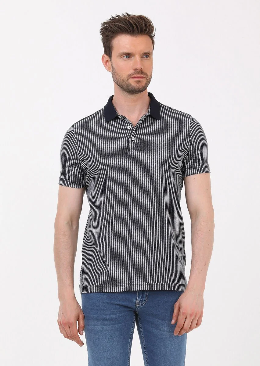 Lacivert Çizgili Slim Fit Casual %100 Pamuk Gömlek - 3