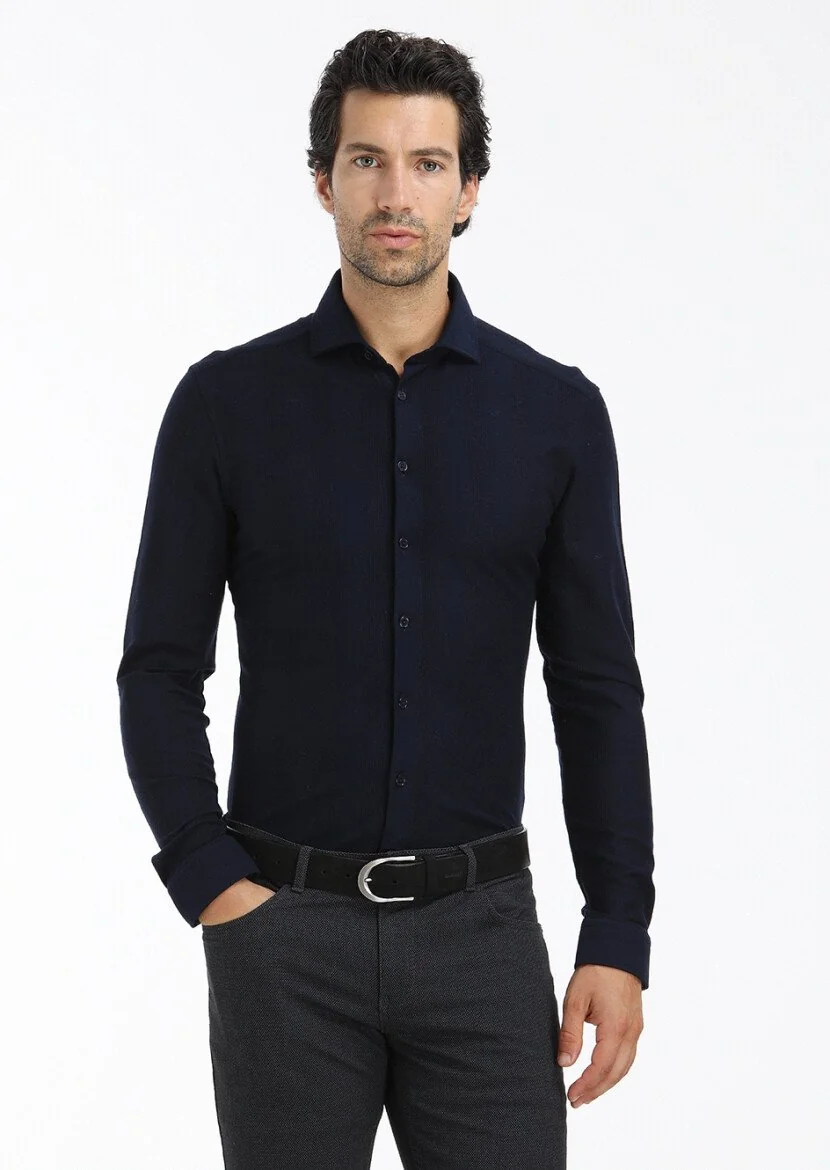 Lacivert Çizgili Slim Fit Casual %100 Pamuk Gömlek - 3