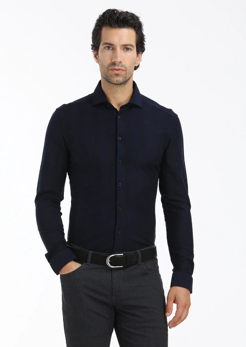 Lacivert Çizgili Slim Fit Casual %100 Pamuk Gömlek - 3