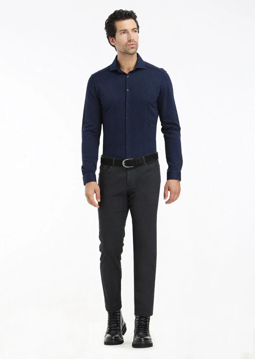 Lacivert Çizgili Slim Fit Casual %100 Pamuk Gömlek - 1