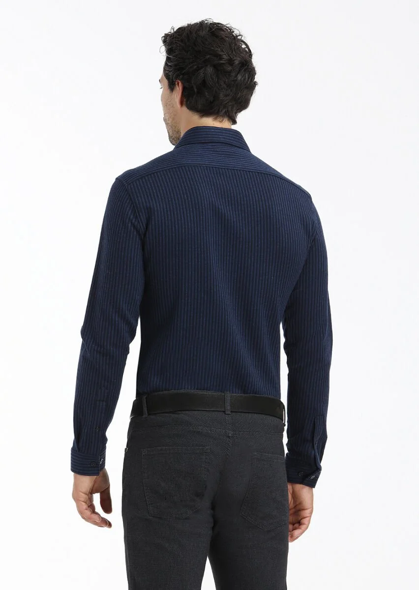 Lacivert Çizgili Slim Fit Casual %100 Pamuk Gömlek - 4