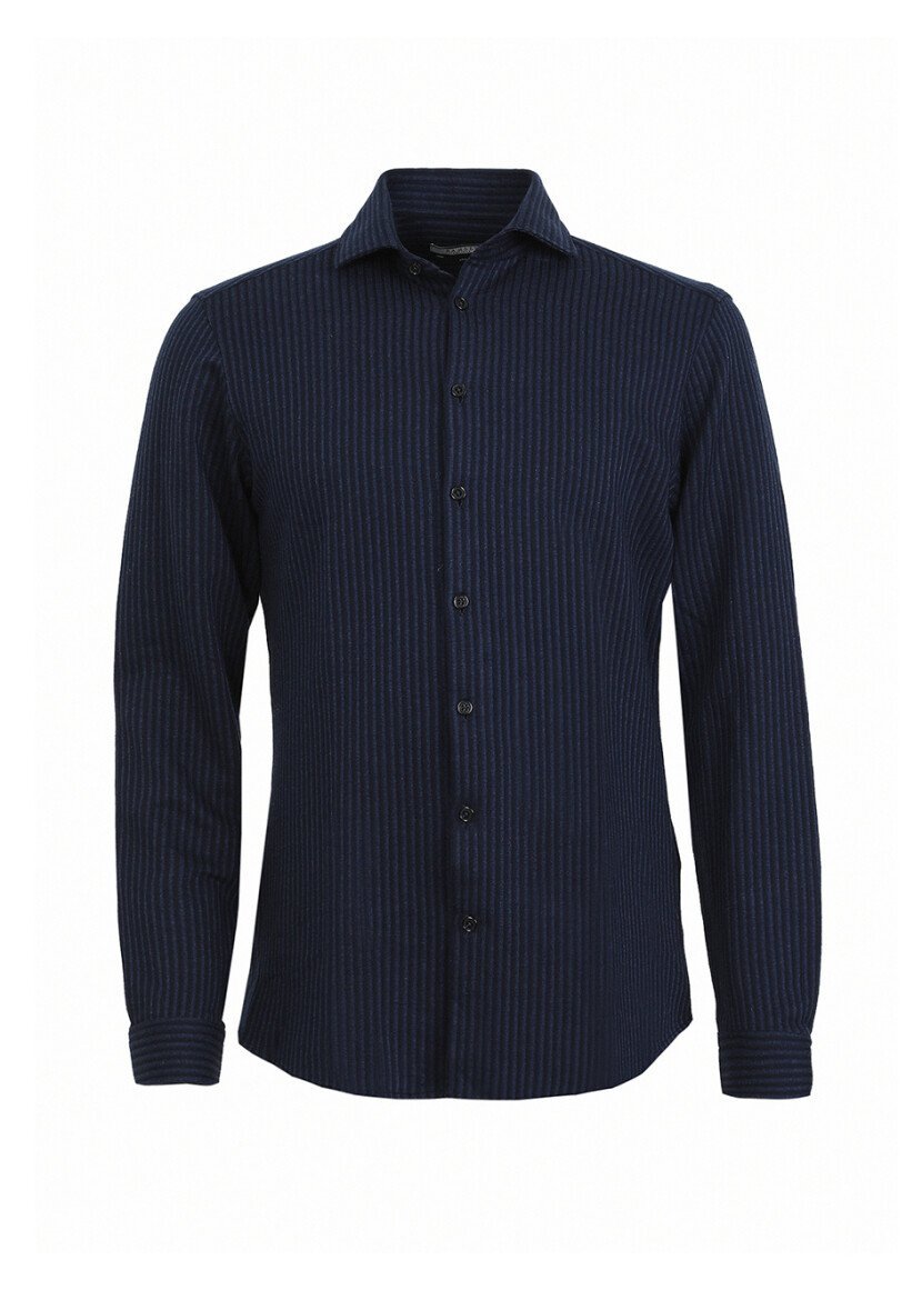 Lacivert Çizgili Slim Fit Casual %100 Pamuk Gömlek - 5