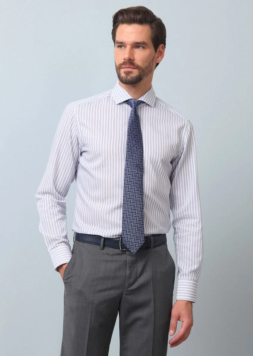 Lacivert Çizgili Slim Fit Dokuma Klasik %100 Pamuk Gömlek - 3