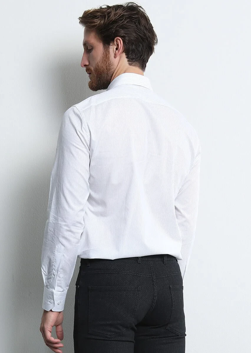 Lacivert Çizgili Slim Fit Dokuma Klasik %100 Pamuk Gömlek - 5