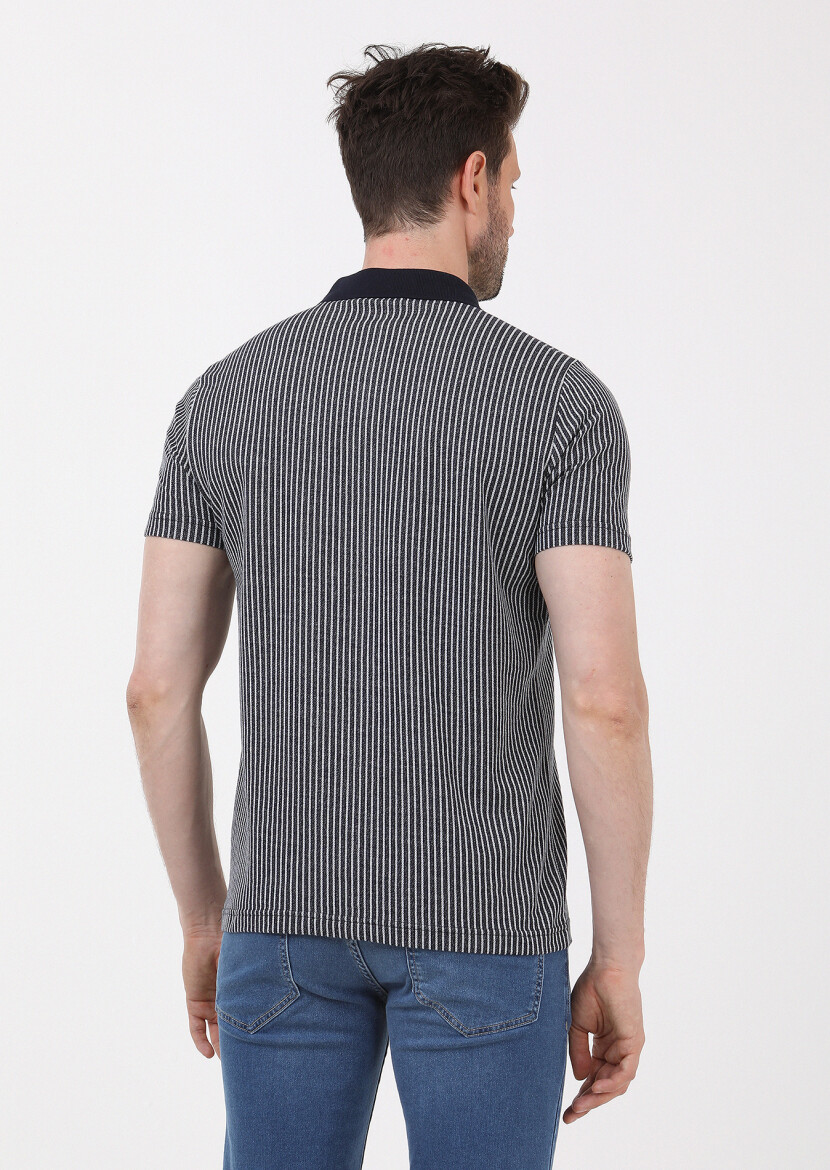 Lacivert Çizgili Slim Fit Kısa Casual %100 Pamuk Gömlek - 3