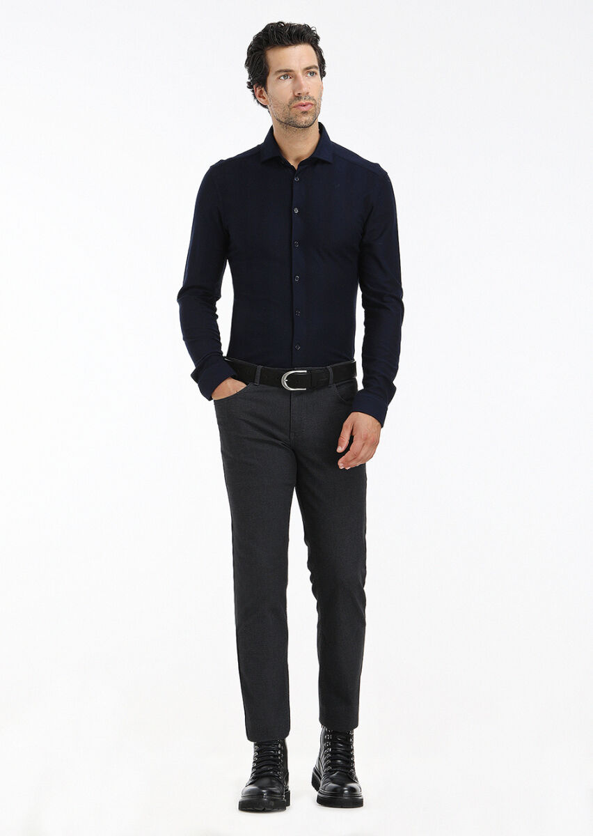 Lacivert Çizgili Slim Fit Uzun Casual %100 Pamuk Gömlek - 1