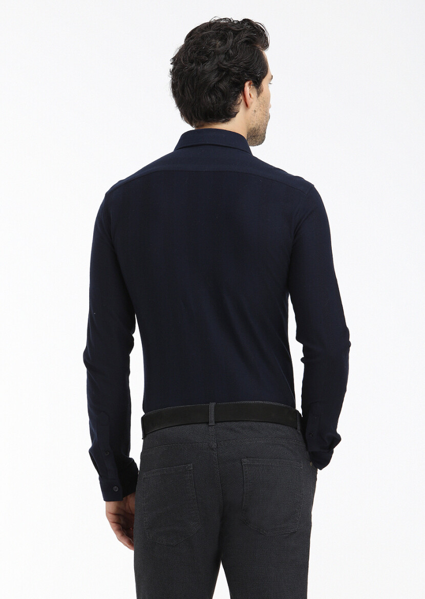 Lacivert Çizgili Slim Fit Uzun Casual %100 Pamuk Gömlek - 4