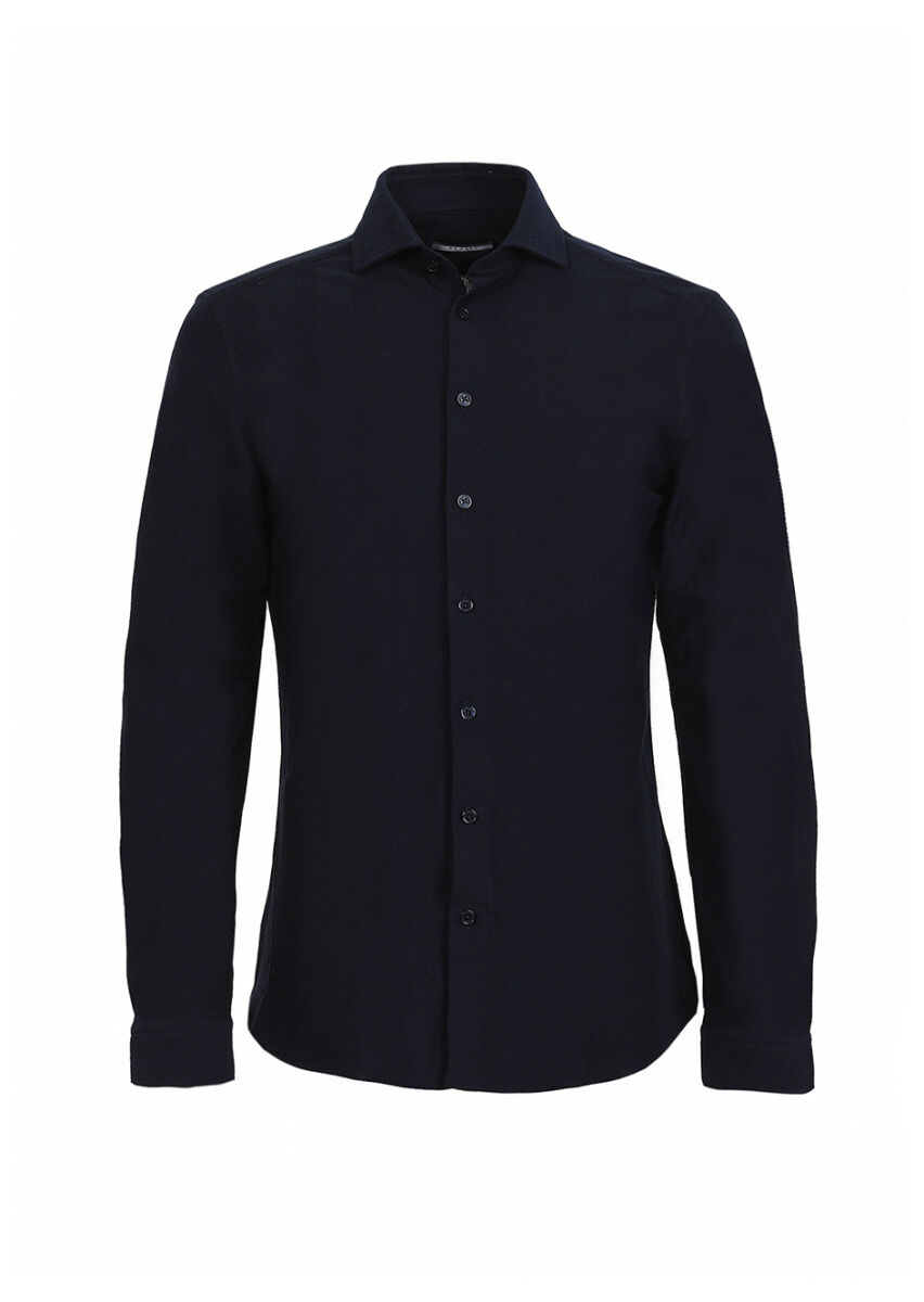 Lacivert Çizgili Slim Fit Uzun Casual %100 Pamuk Gömlek - 5