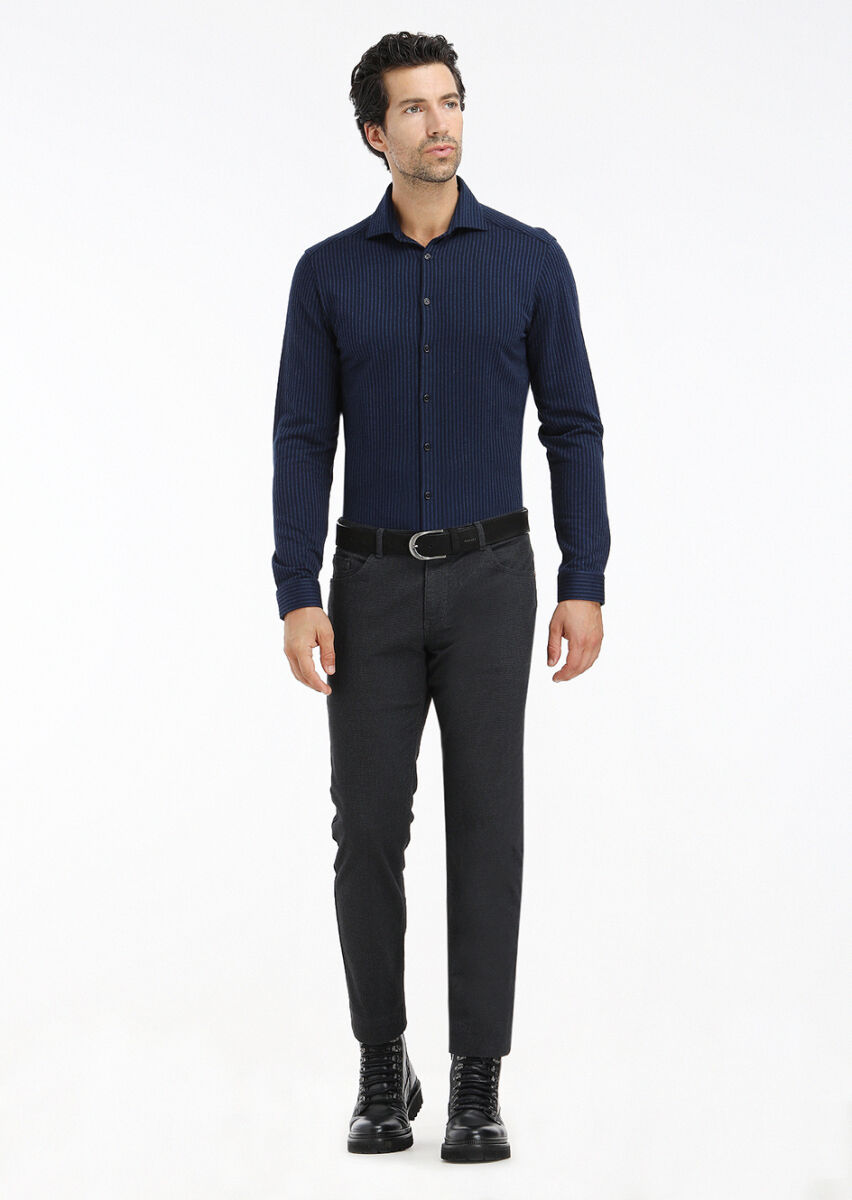 Lacivert Çizgili Slim Fit Uzun Casual %100 Pamuk Gömlek - 1