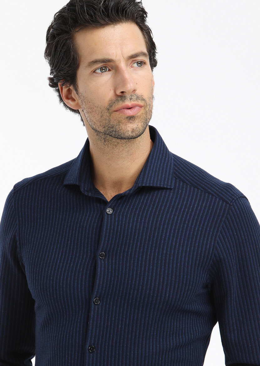 Lacivert Çizgili Slim Fit Uzun Casual %100 Pamuk Gömlek - 3