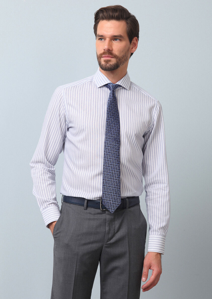 Lacivert Çizgili Slim Fit Uzun Dokuma Klasik %100 Pamuk Gömlek - 2