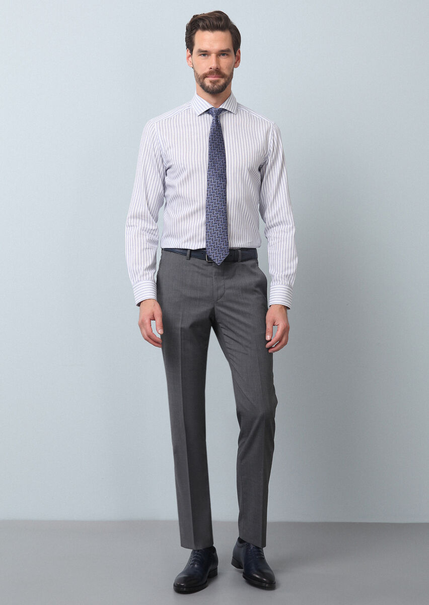 Lacivert Çizgili Slim Fit Uzun Dokuma Klasik %100 Pamuk Gömlek - 3