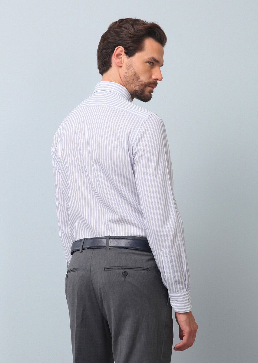 Lacivert Çizgili Slim Fit Uzun Dokuma Klasik %100 Pamuk Gömlek - 4
