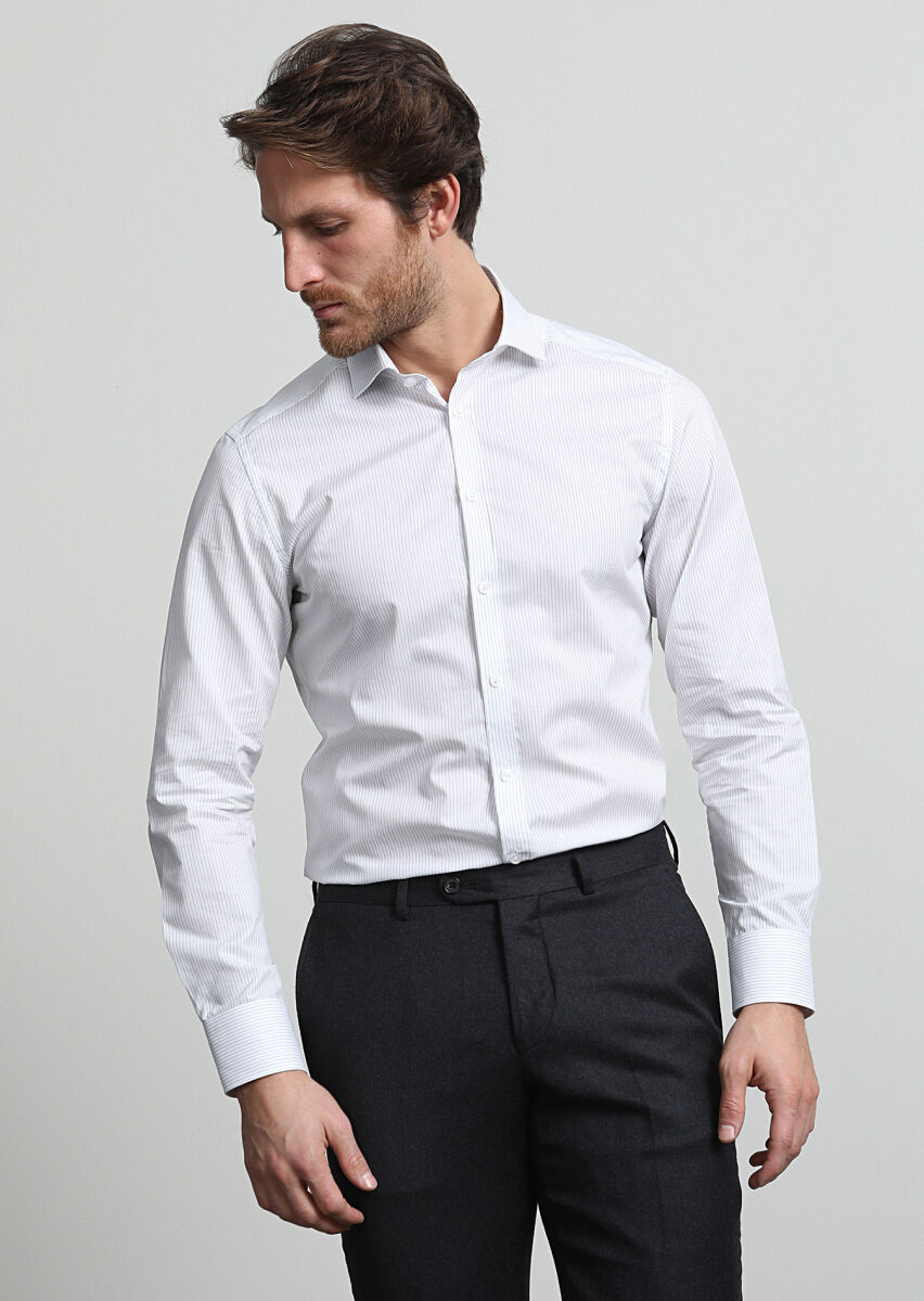 Lacivert Çizgili Slim Fit Uzun Dokuma Klasik %100 Pamuk Gömlek - 3