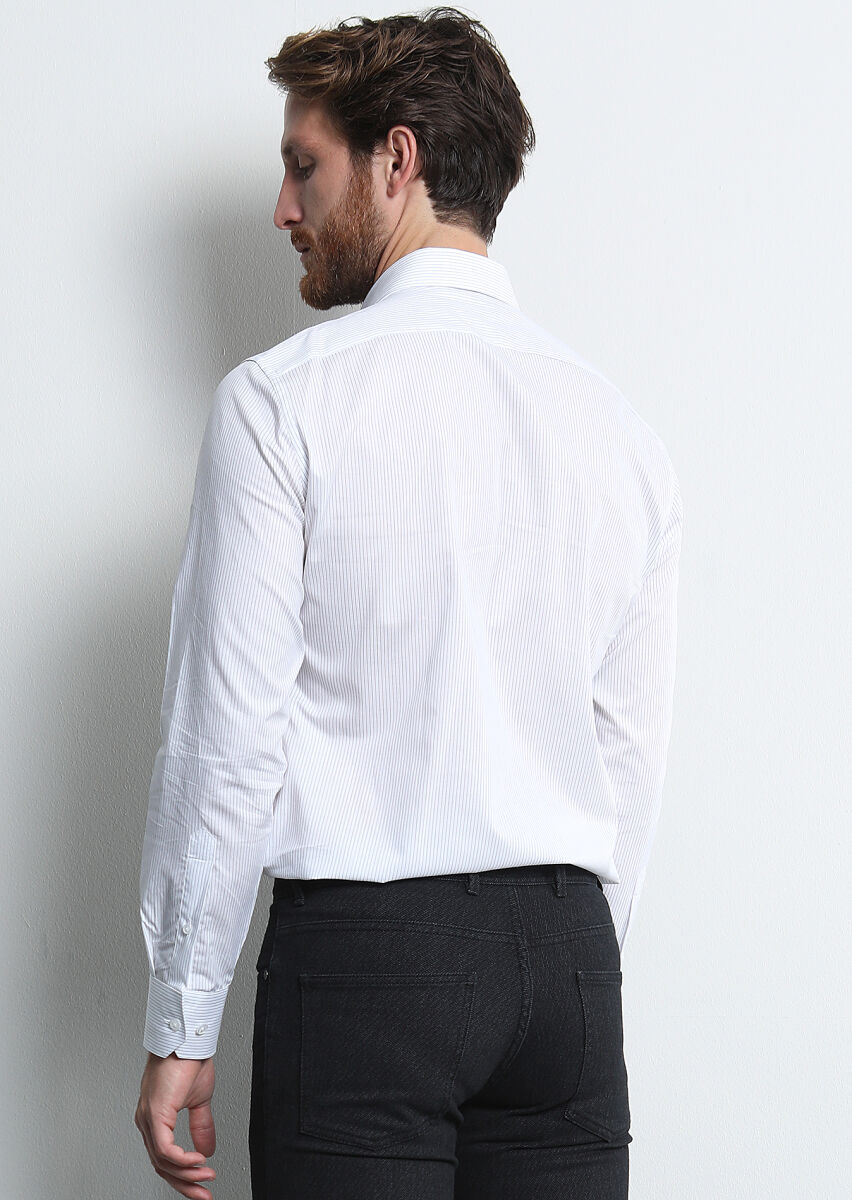 Lacivert Çizgili Slim Fit Uzun Dokuma Klasik %100 Pamuk Gömlek - 5