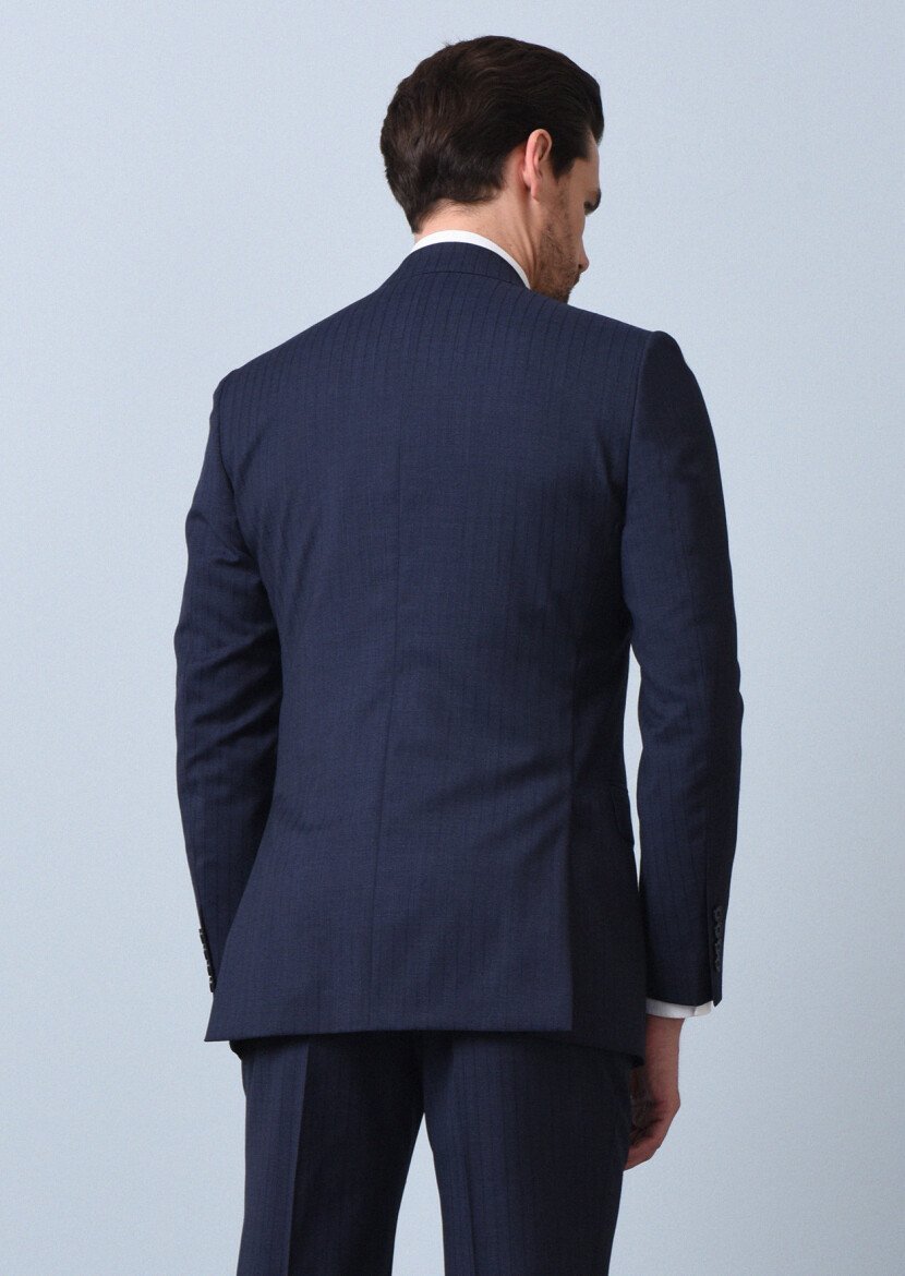 Lacivert Çizgili Thin&taller Slim Fit %100 Yün Takım Elbise - 5
