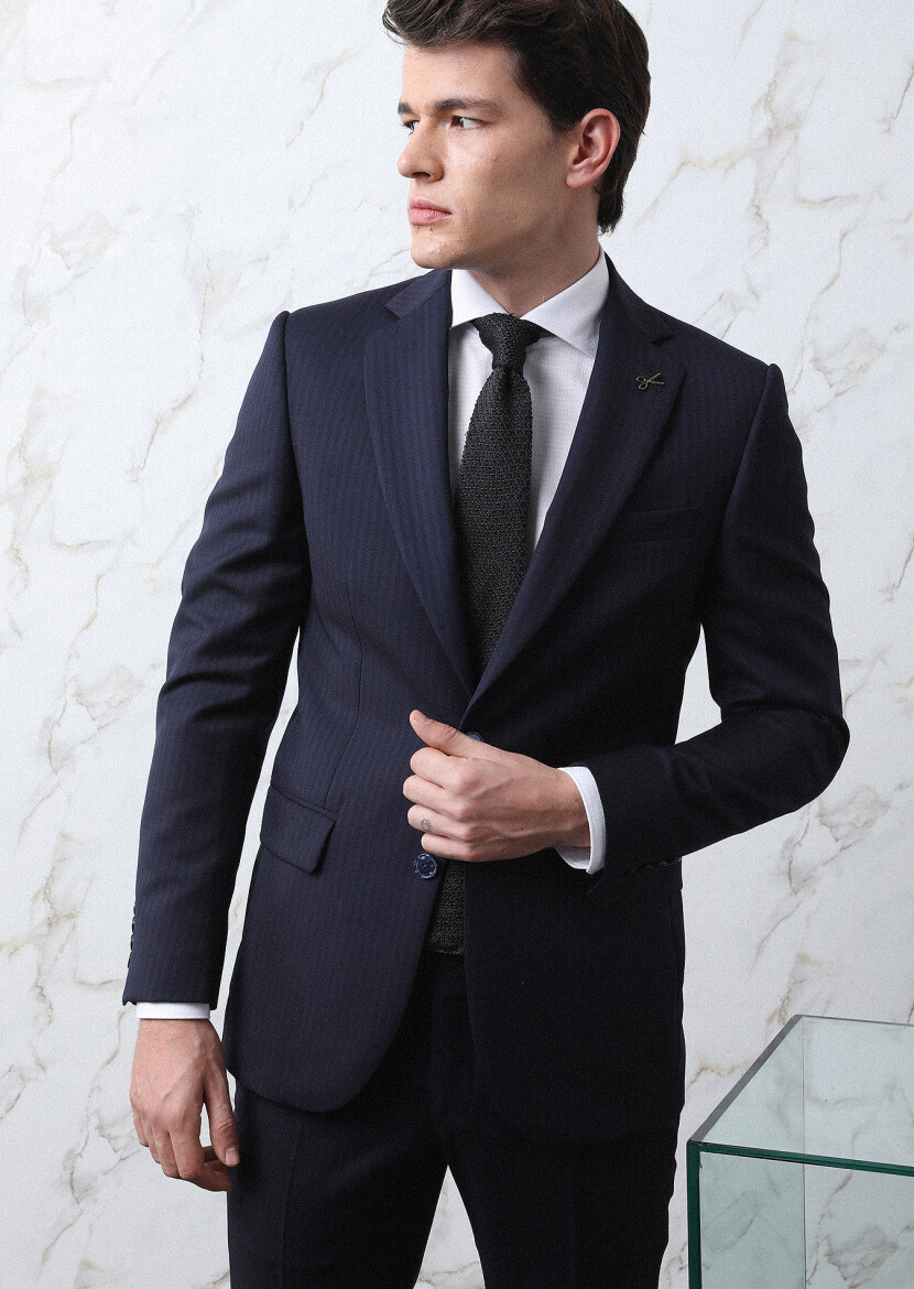 Lacivert Çizgili Thin&taller Slim Fit %100 Yün Takım Elbise - 3