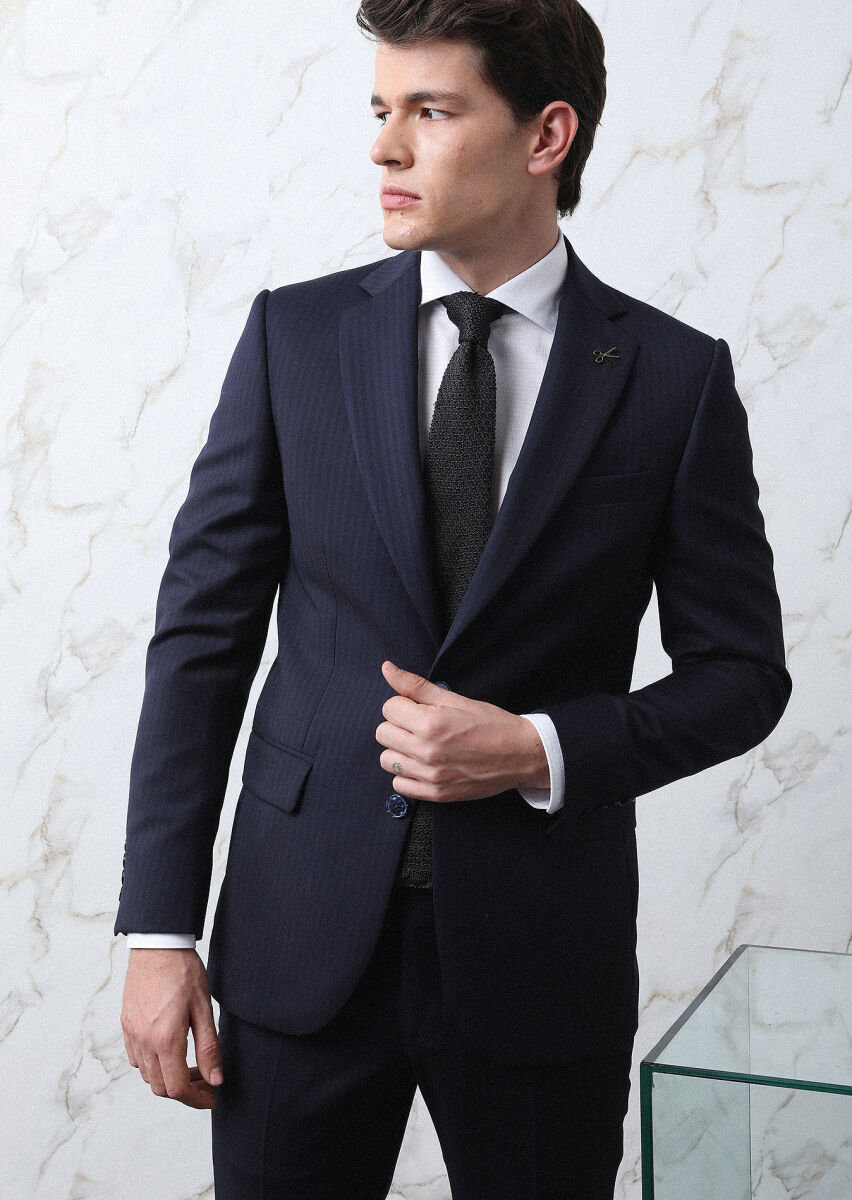 Lacivert Çizgili Thin&taller Slim Fit %100 Yün Takım Elbise - 3