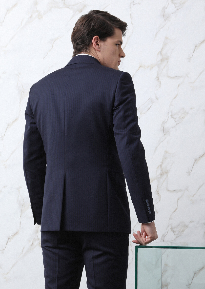 Lacivert Çizgili Thin&taller Slim Fit %100 Yün Takım Elbise - 5