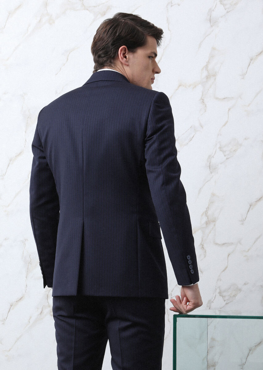 Lacivert Çizgili Thin&taller Slim Fit %100 Yün Takım Elbise - 5