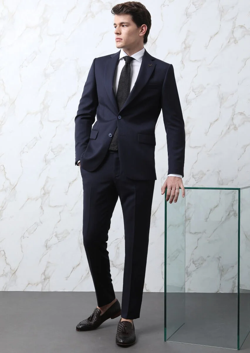 Lacivert Çizgili Thin&taller Slim Fit %100 Yün Takım Elbise - 1