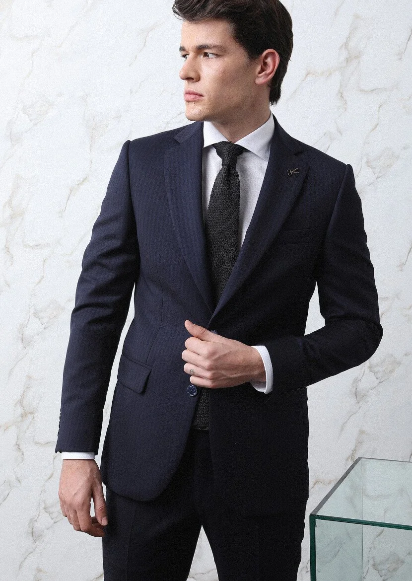 Lacivert Çizgili Thin&taller Slim Fit %100 Yün Takım Elbise - 3