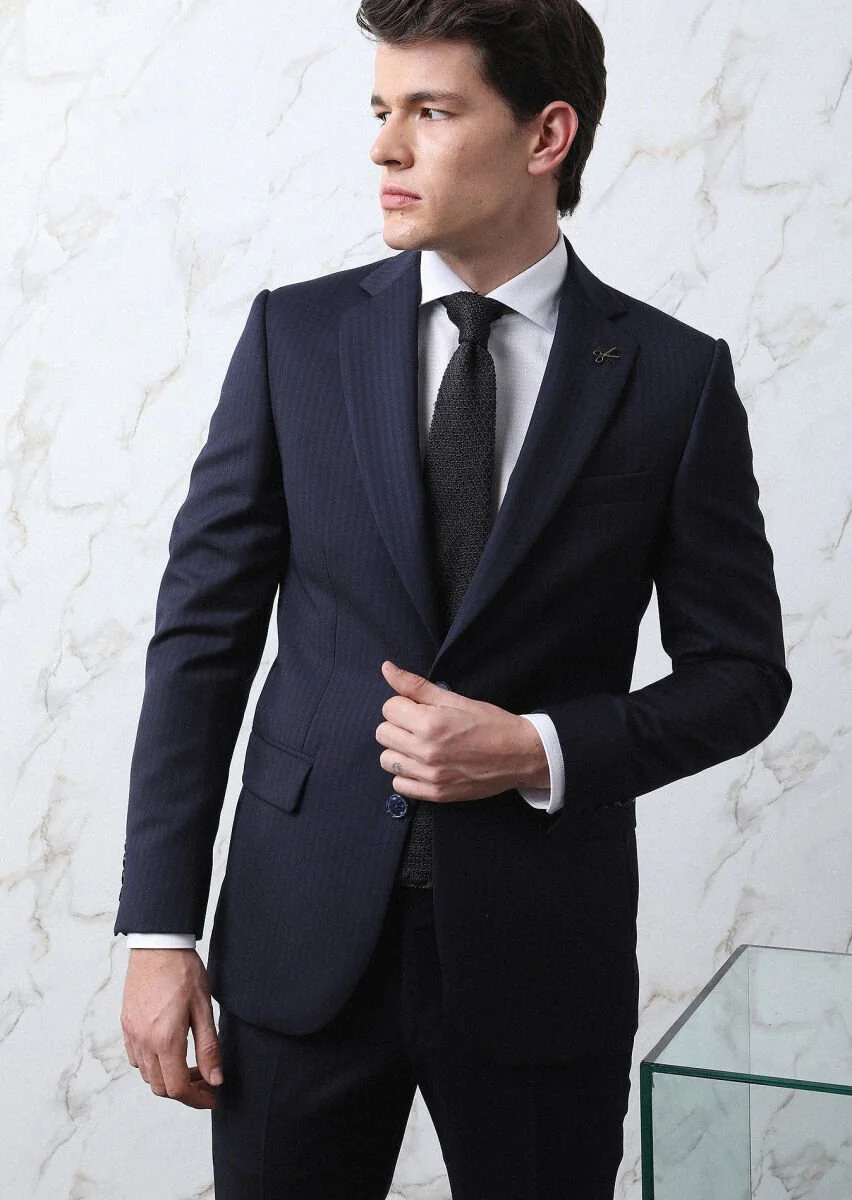 Lacivert Çizgili Thin&taller Slim Fit %100 Yün Takım Elbise - 3