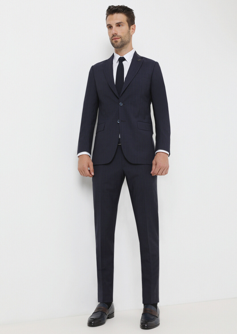 Lacivert Çizgili Thin&taller Slim Fit %100 Yün Takım Elbise - 1