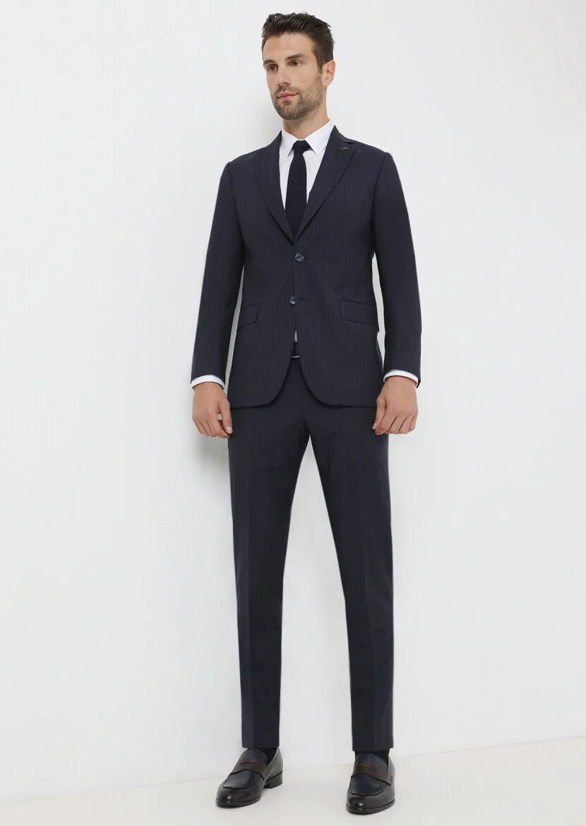 Lacivert Çizgili Thin&taller Slim Fit %100 Yün Takım Elbise - 1