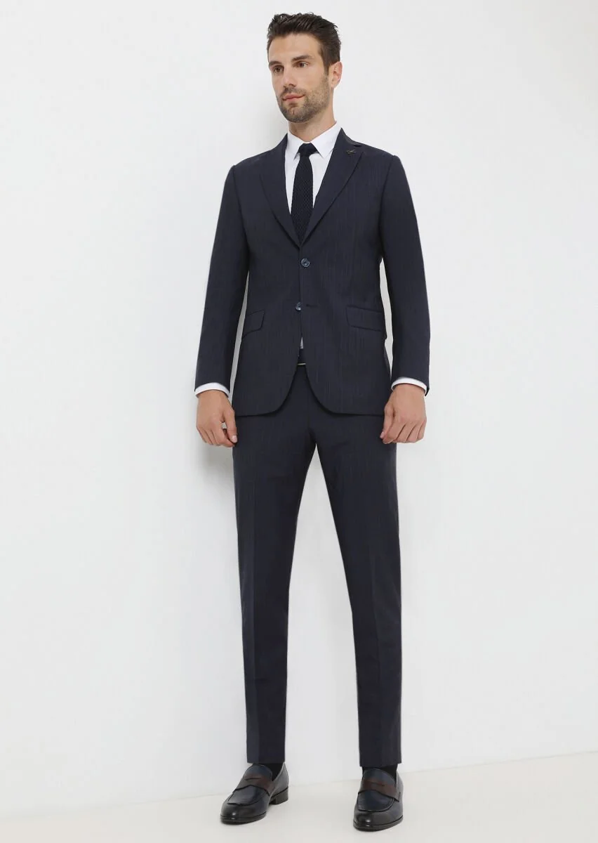 Lacivert Çizgili Thin&taller Slim Fit %100 Yün Takım Elbise - 1