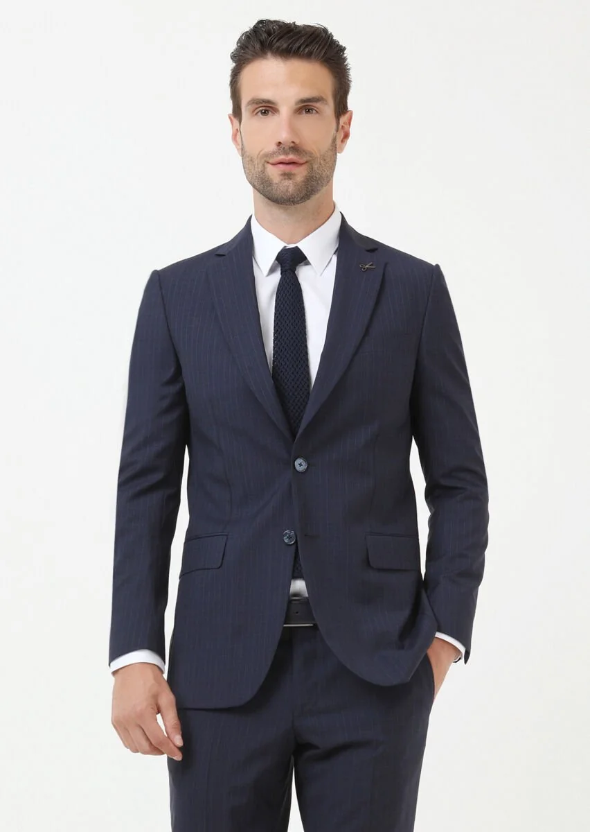 Lacivert Çizgili Thin&taller Slim Fit %100 Yün Takım Elbise - 2