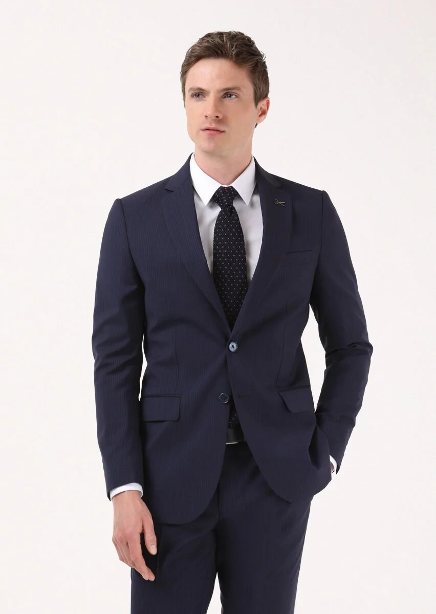 Lacivert Çizgili Thin&taller Slim Fit %100 Yün Takım Elbise - 1
