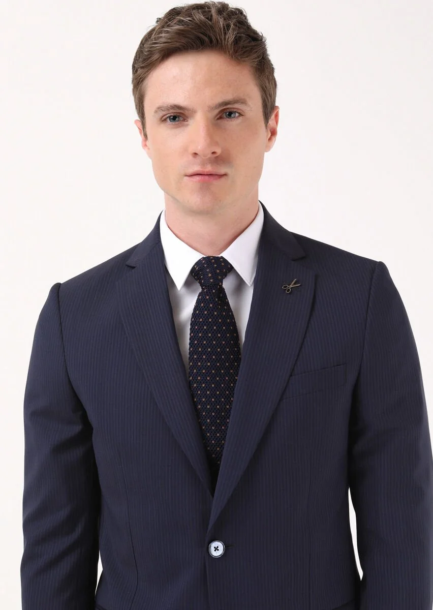 Lacivert Çizgili Thin&taller Slim Fit %100 Yün Takım Elbise - 2