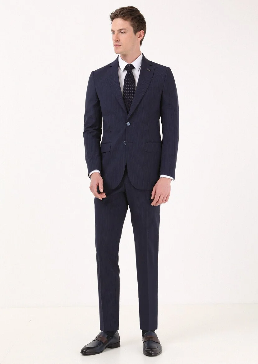 Lacivert Çizgili Thin&taller Slim Fit %100 Yün Takım Elbise - 3
