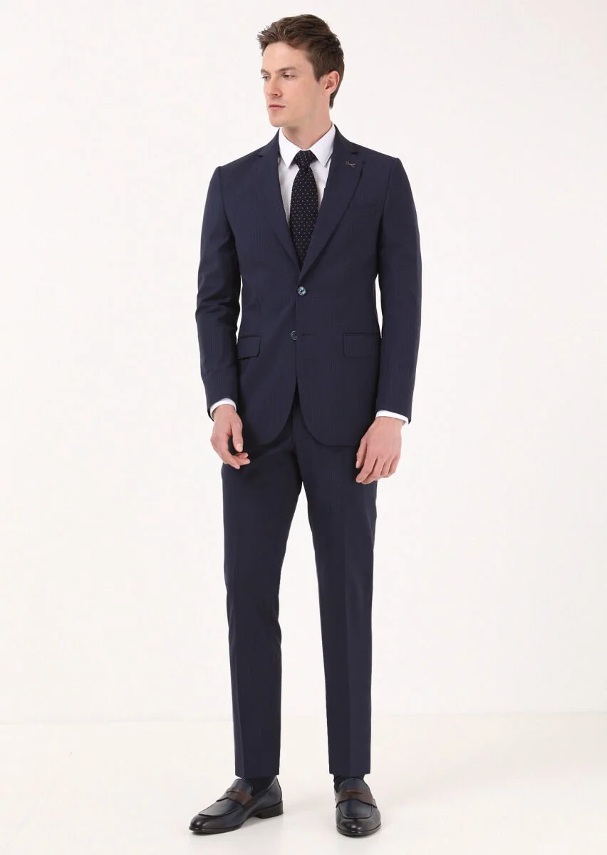 Lacivert Çizgili Thin&taller Slim Fit %100 Yün Takım Elbise - 3