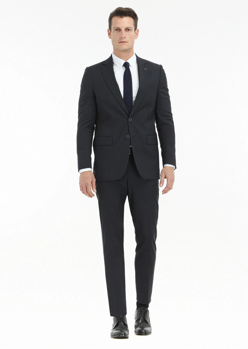 Lacivert Çizgili Thin&taller Slim Fit %100 Yün Takım Elbise - 1