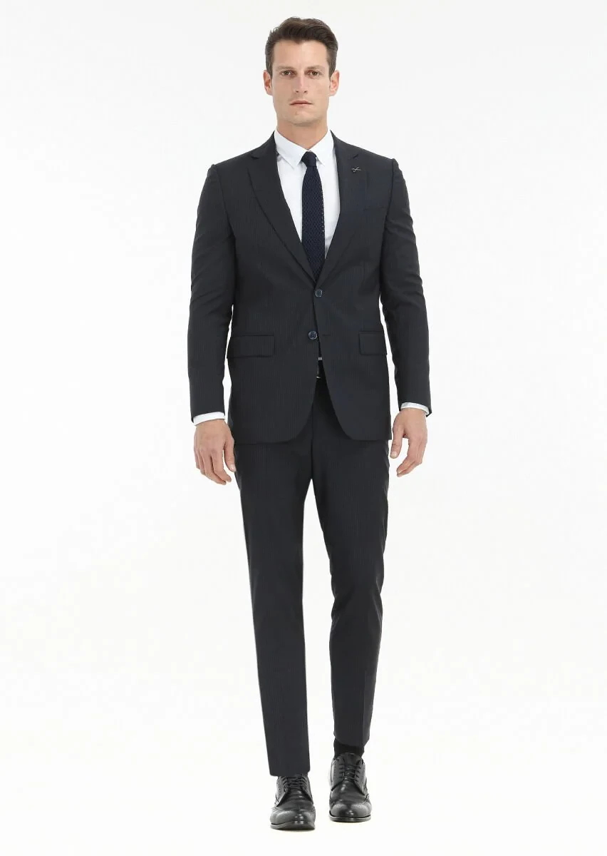 Lacivert Çizgili Thin&taller Slim Fit %100 Yün Takım Elbise - 1