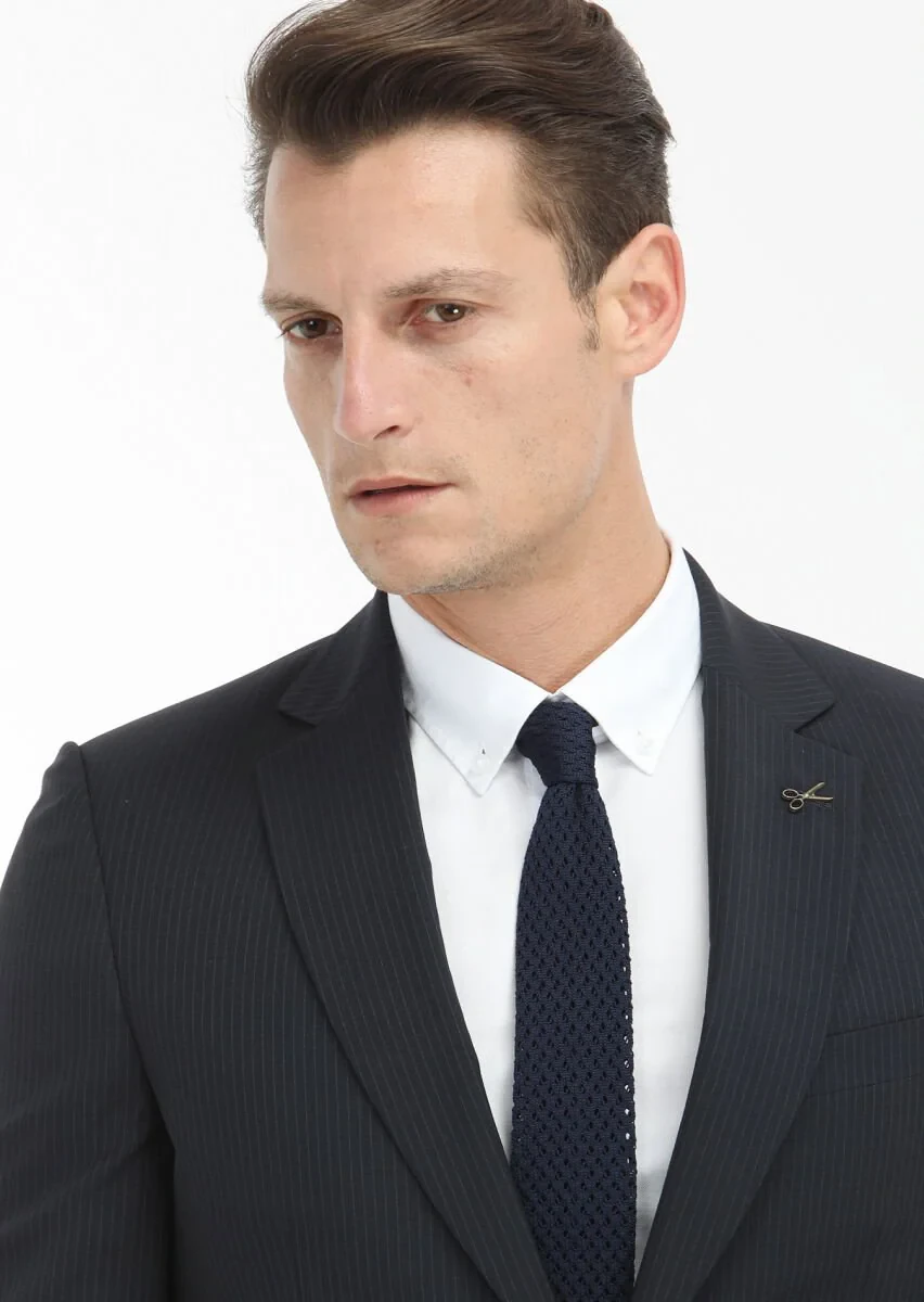 Lacivert Çizgili Thin&taller Slim Fit %100 Yün Takım Elbise - 3